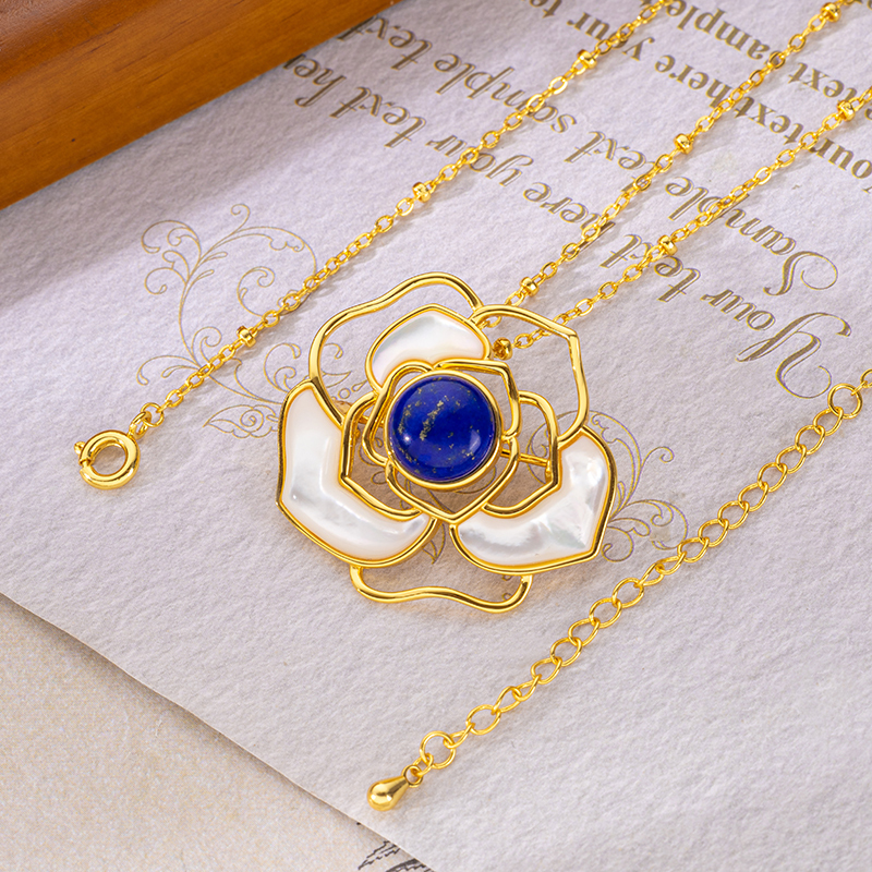 Lapis Lazuli & Mother of Pearl Camellia Necklace - Elegant Floral Jewelry