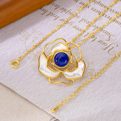 Lapis Lazuli & Mother of Pearl Camellia Necklace - Elegant Floral Jewelry