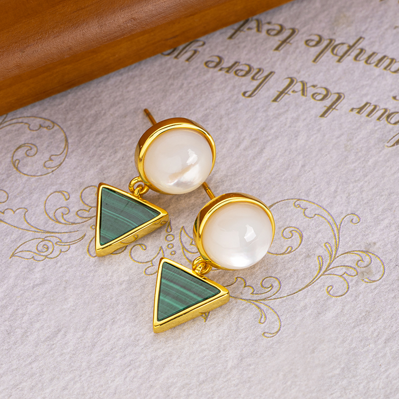 Round MOP & Triangle Malachite Studs - Unique Natural Earrings