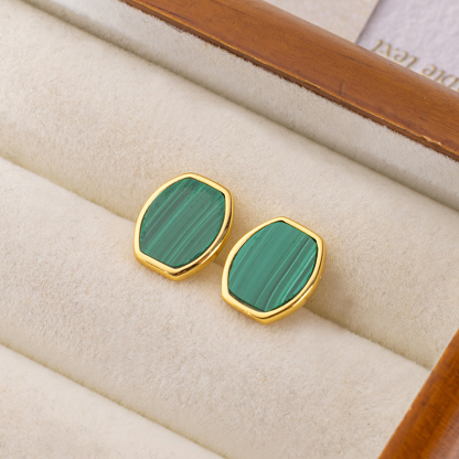 Natural Malachite Flat Geometric Petite Minimalist Korean Style Stud Earrings