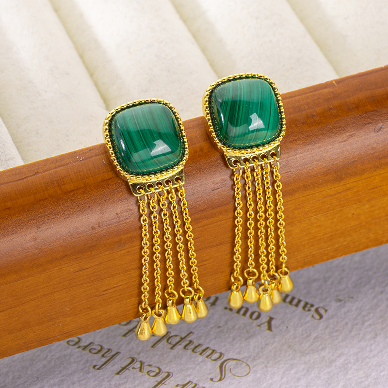 Regal Square Malachite Tassel Earrings in 18K Gold Plated