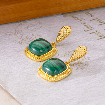 French Regal Malachite Square Earrings: Vintage Elegance