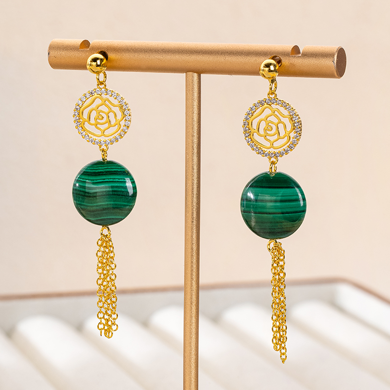 Vintage Malachite Rose Earrings: 18K Gold Plated Tassel