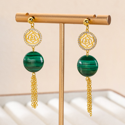 Vintage Malachite Rose Earrings: 18K Gold Plated Tassel