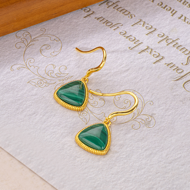 Natural Malachite Triangle Earrings: Minimalist Vintage Style