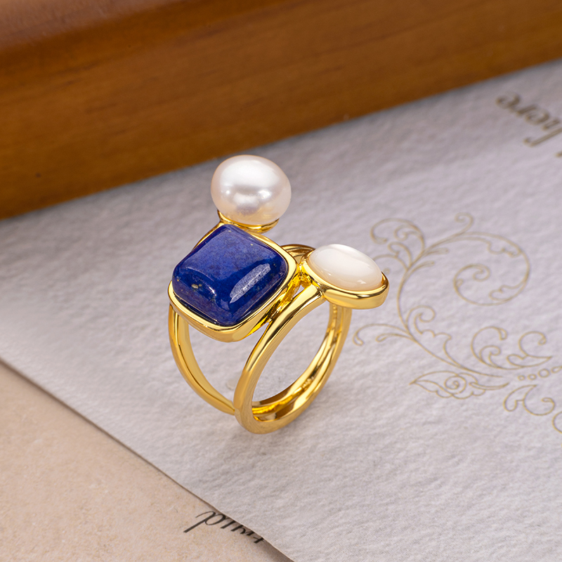 Natural Lapis Lazuli Square Sugar Cube Mother of Pearl Pearl Open Ring for Women