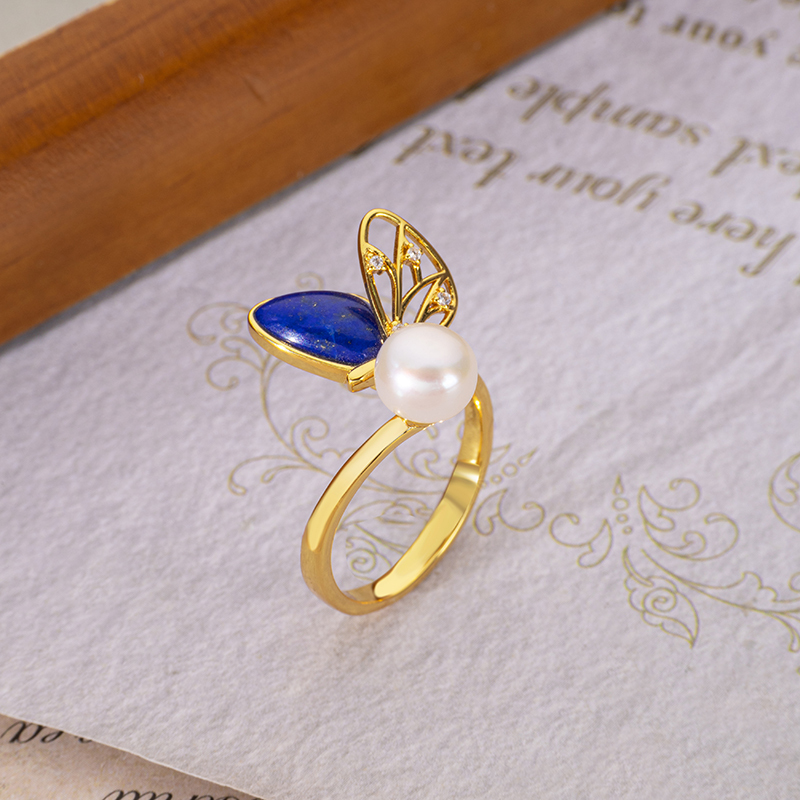 Natural Lapis Lazuli Fashion Butterfly Ring Elegant Unique Band 
