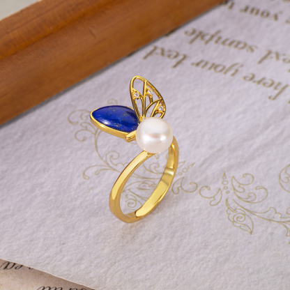 Natural Lapis Lazuli Fashion Butterfly Ring Elegant Unique Band 