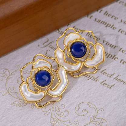 Natural Lapis Lazuli Camellia Stud Earrings - Elegant & Luxurious