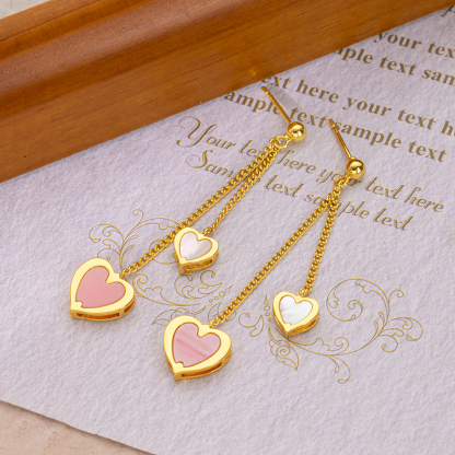 Queen Shell & MOP Double Heart Earrings - Delicate Fringe Dangle