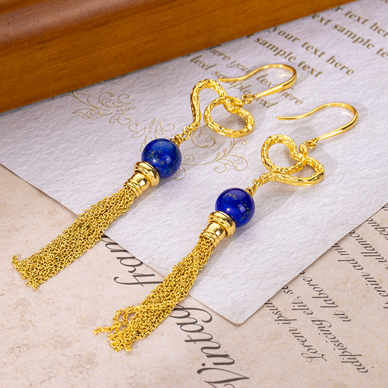 Round Lapis Lazuli Fringe Earrings - 18K Gold Plated Luxe