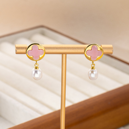 Girly Pink Clover Earrings: Queen Conch & Pearl