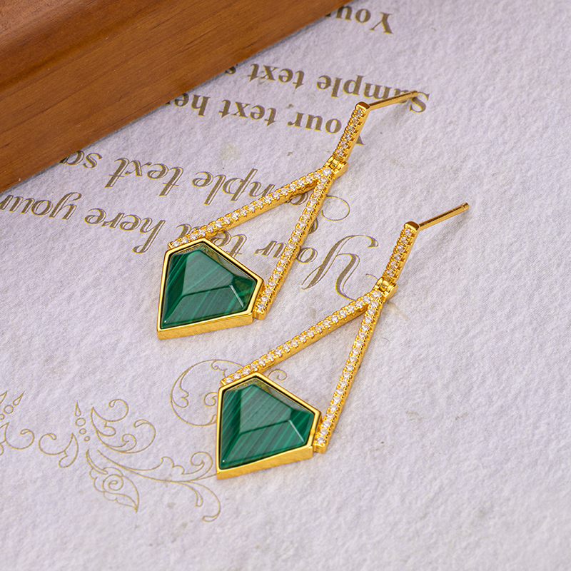 Natural Malachite Faceted Earrings | Triangular European Chic 