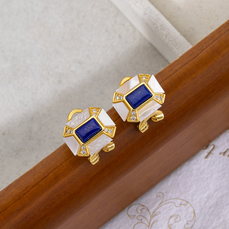 Lapis and MOP Clip Earrings Square Elegant