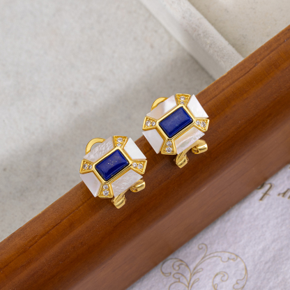Lapis and MOP Clip Earrings Square Elegant