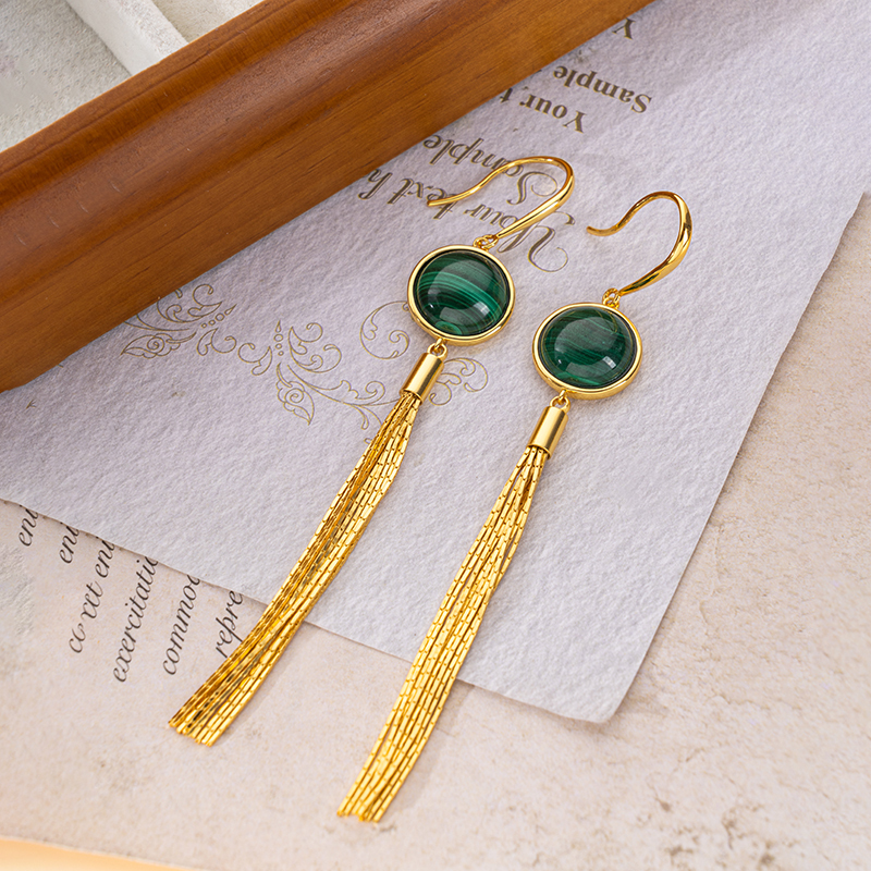Vintage Tassel Malachite Dangle Earrings | Boho Chic Statement Jewelry for Women | Artisan-Crafted Sophisticated Elegance & Timeless Luxury