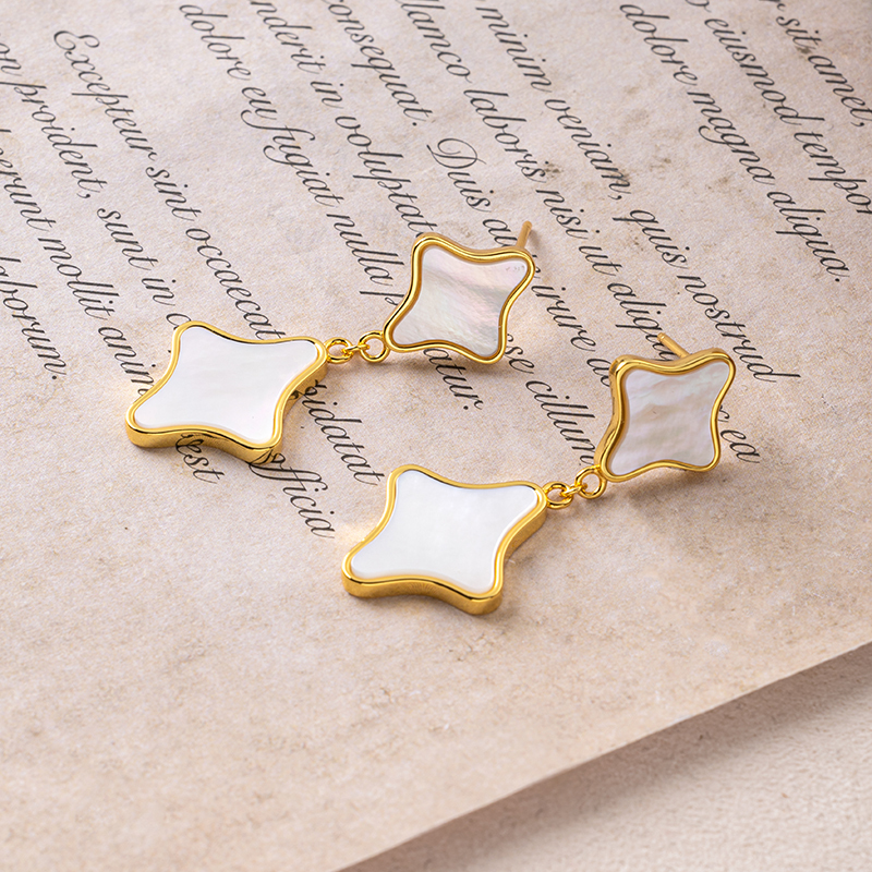 Boho Chic Shell Earrings - White MOP Clover, Minimalist Drops