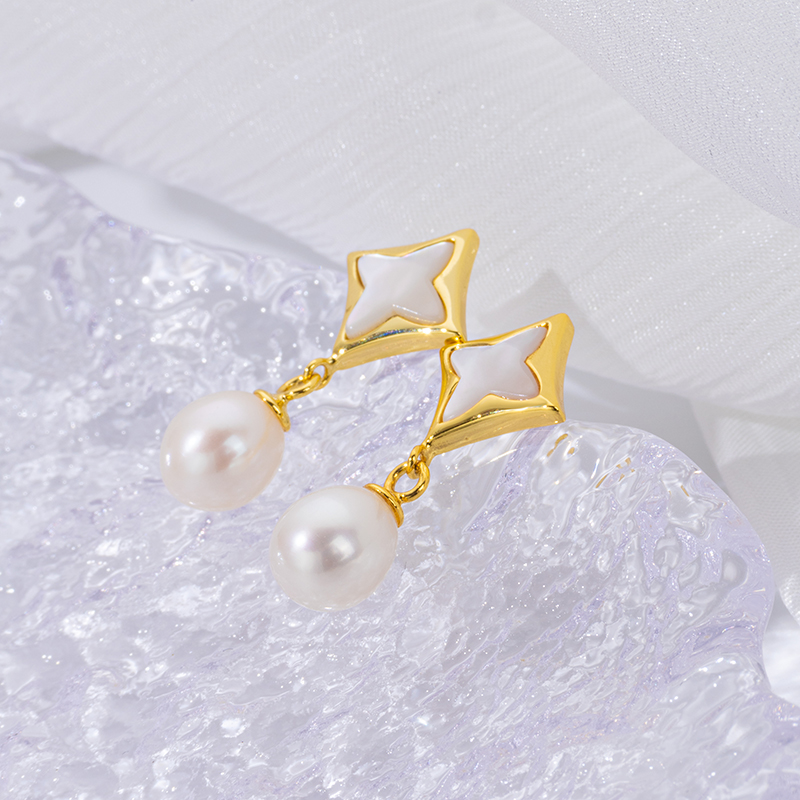 Delicate White MOP Clover Stud Earrings with Pearl Accents