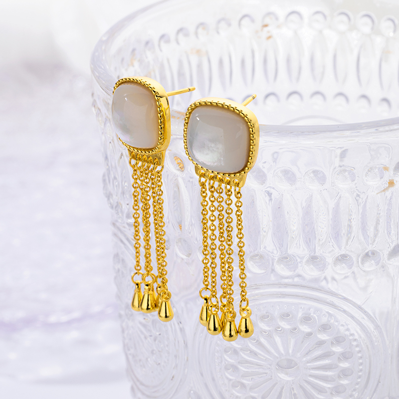 18K Gold Tassel Drops - Square White MOP Earrings