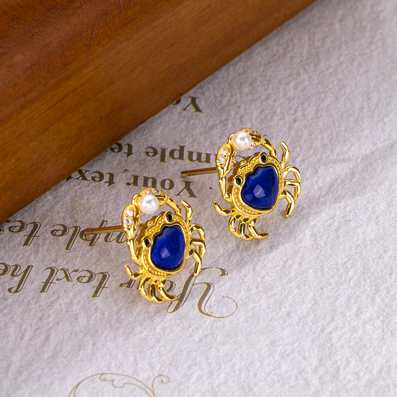 Natural Lapis Lazuli Crab Stud Earrings - 18K Gold Plated Elegance