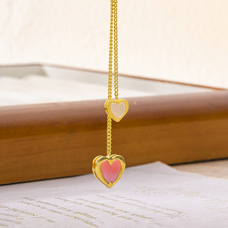 Natural Queen Conch & Mother of Pearl Double Heart Necklace Gift