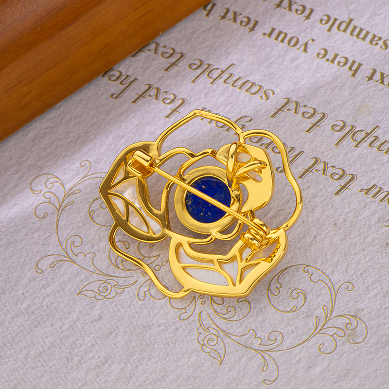 Lapis Lazuli & Mother of Pearl Camellia Necklace - Elegant Floral Jewelry