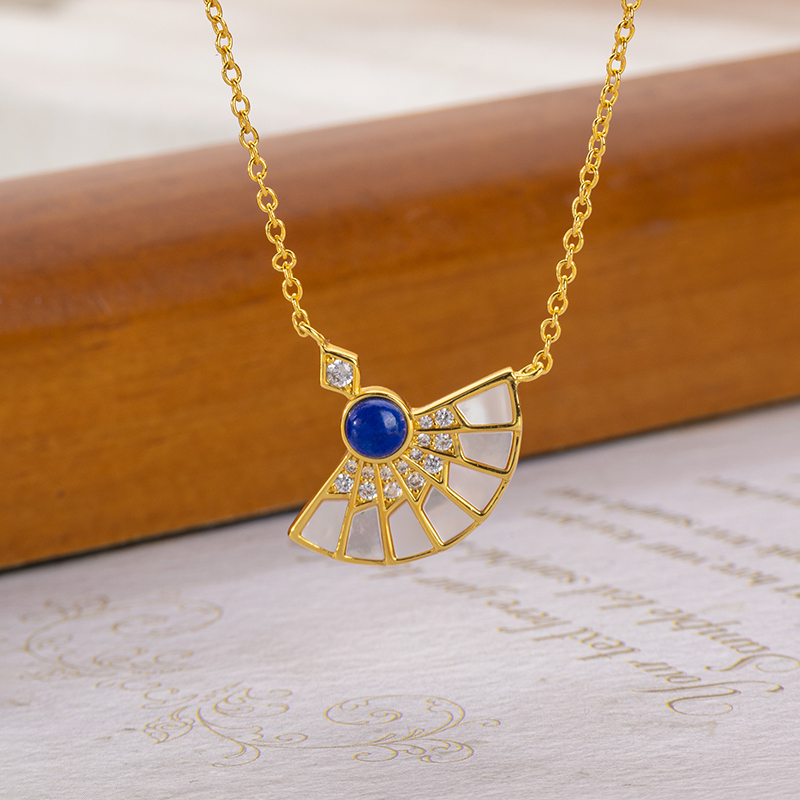 Lapis Lazuli & MOP Fan Pendant - Natural Stone Necklace