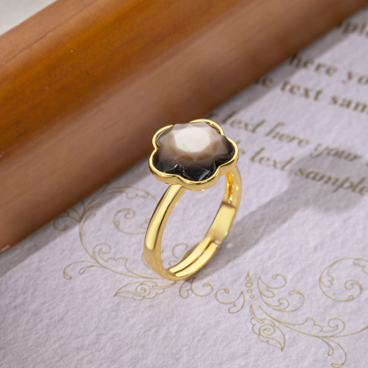 Faceted Black Shell Plum Blossom Ring for Women - Adjustable & Chic