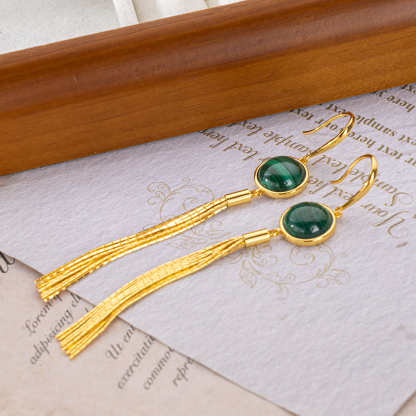 Vintage Tassel Malachite Dangle Earrings | Boho Chic Statement Jewelry for Women | Artisan-Crafted Sophisticated Elegance & Timeless Luxury