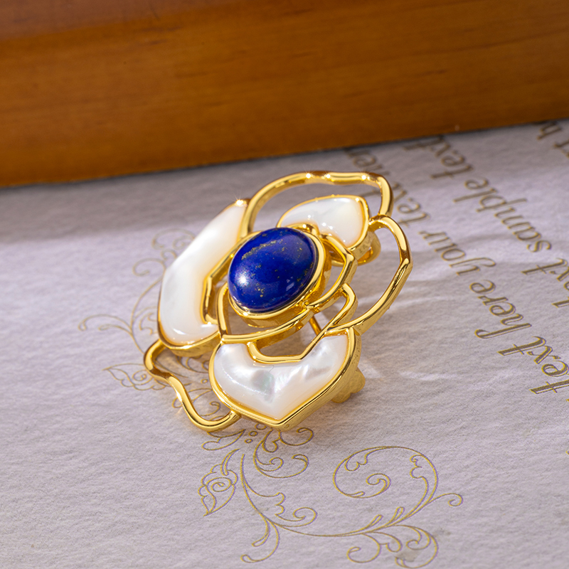 Lapis Lazuli & Mother of Pearl Camellia Necklace - Elegant Floral Jewelry