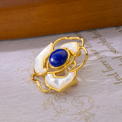 Lapis Lazuli & Mother of Pearl Camellia Necklace - Elegant Floral Jewelry