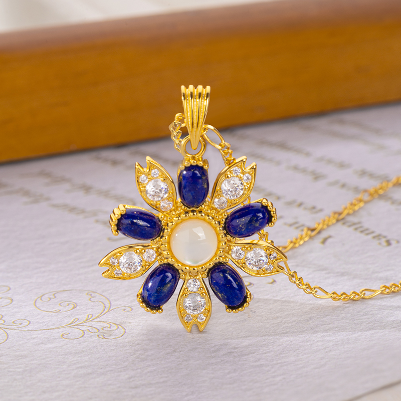 Elegant Lapis Lazuli Necklace: European Floral Pendant