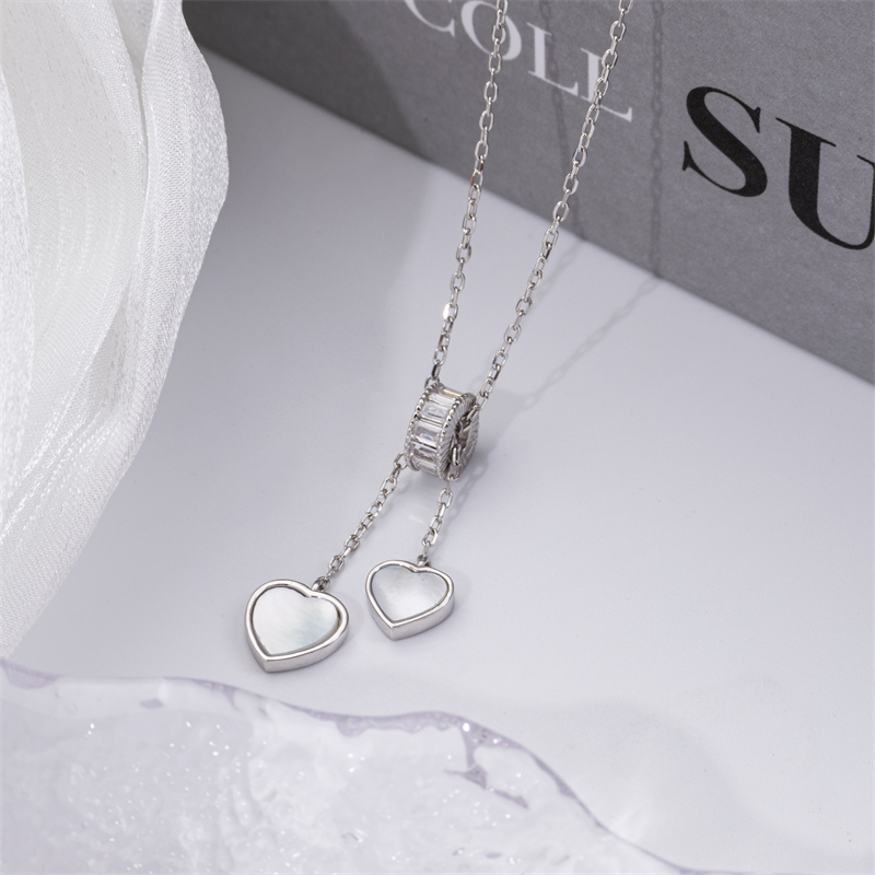 Slim Fit Double Heart Necklace with Tassel - Sterling Silver