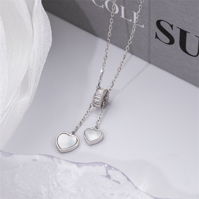 Slim Fit Double Heart Necklace with Tassel - Sterling Silver