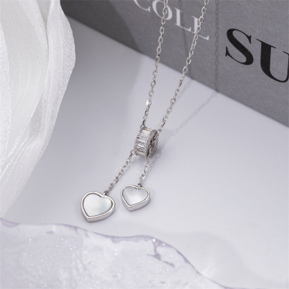 Slim Fit Double Heart Necklace with Tassel - Sterling Silver