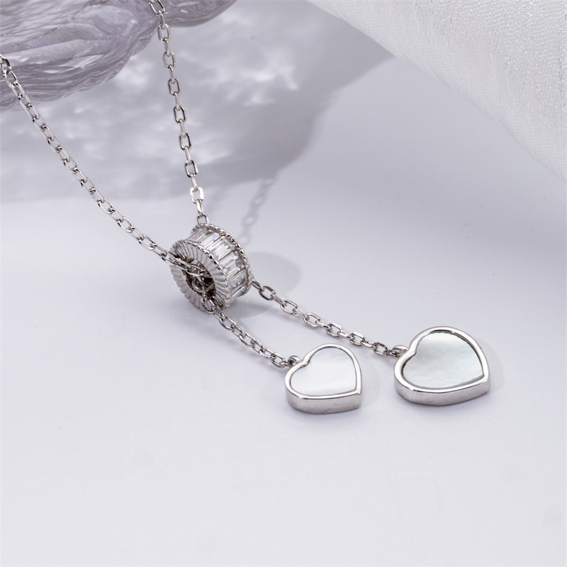 Slim Fit Double Heart Necklace with Tassel - Sterling Silver