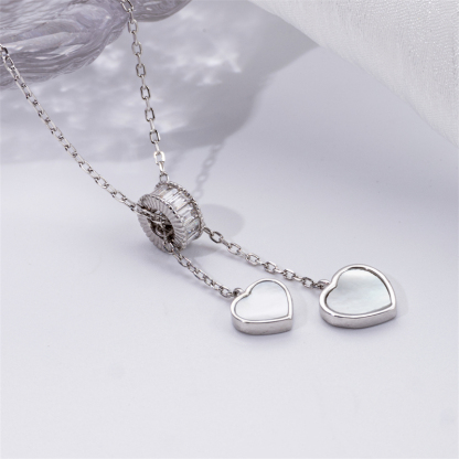 Slim Fit Double Heart Necklace with Tassel - Sterling Silver