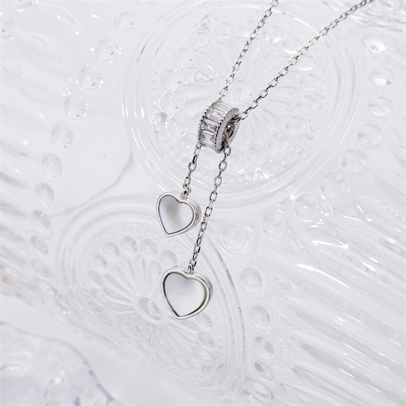 Slim Fit Double Heart Necklace with Tassel - Sterling Silver