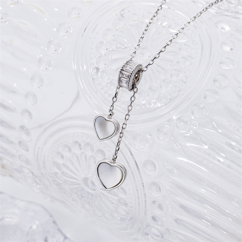 Slim Fit Double Heart Necklace with Tassel - Sterling Silver