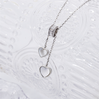 Slim Fit Double Heart Necklace with Tassel - Sterling Silver