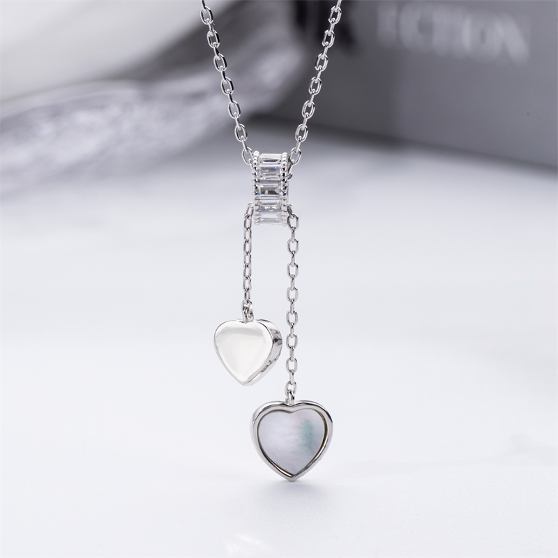 Slim Fit Double Heart Necklace with Tassel - Sterling Silver