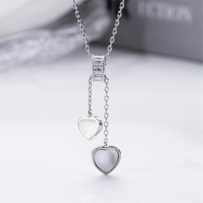 Slim Fit Double Heart Necklace with Tassel - Sterling Silver