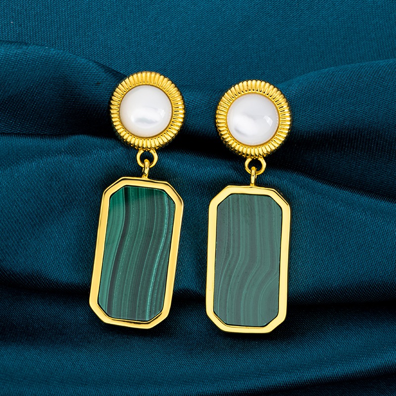 Vintage Style Square Malachite Drop Earrings