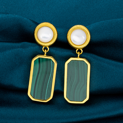 Vintage Style Square Malachite Drop Earrings