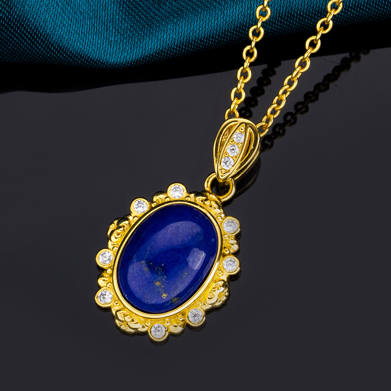 French Vintage Oval Necklace: Natural Lapis Lazuli 