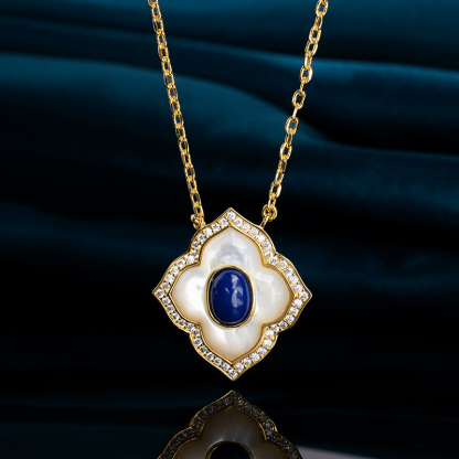 Luxe Blossom Choker - Lapis Lazuli Inlay Pendant, Celestial Gift for Her