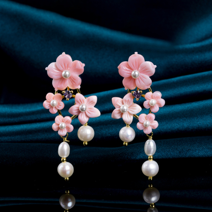 Pink Carved Conch Flower Earrings - Fashion Vintage Elegance