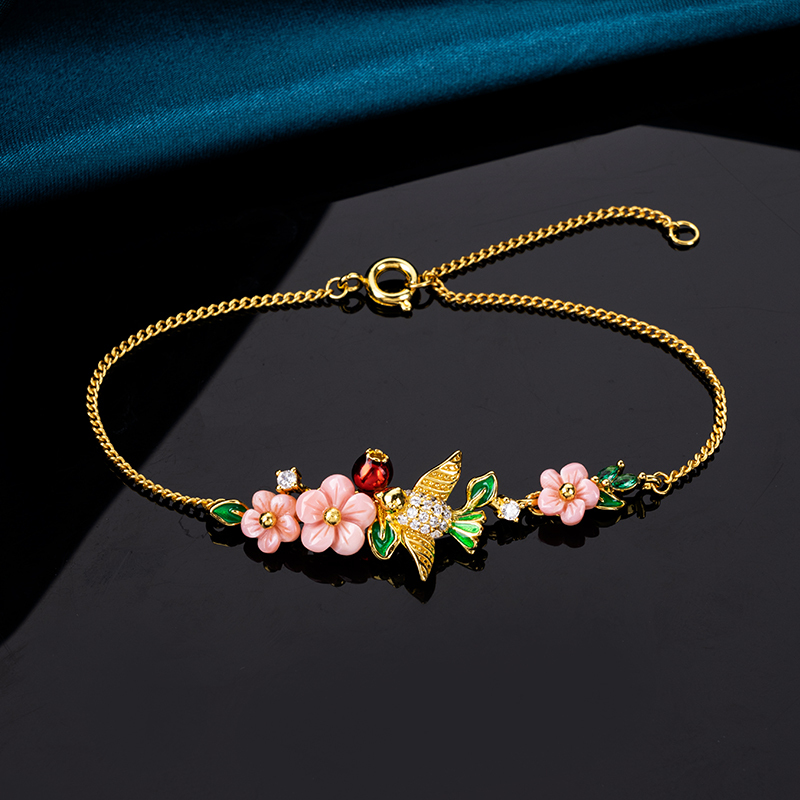 Pink Queen Conch Bracelet: Carved Plum Blossom & Birds | Women