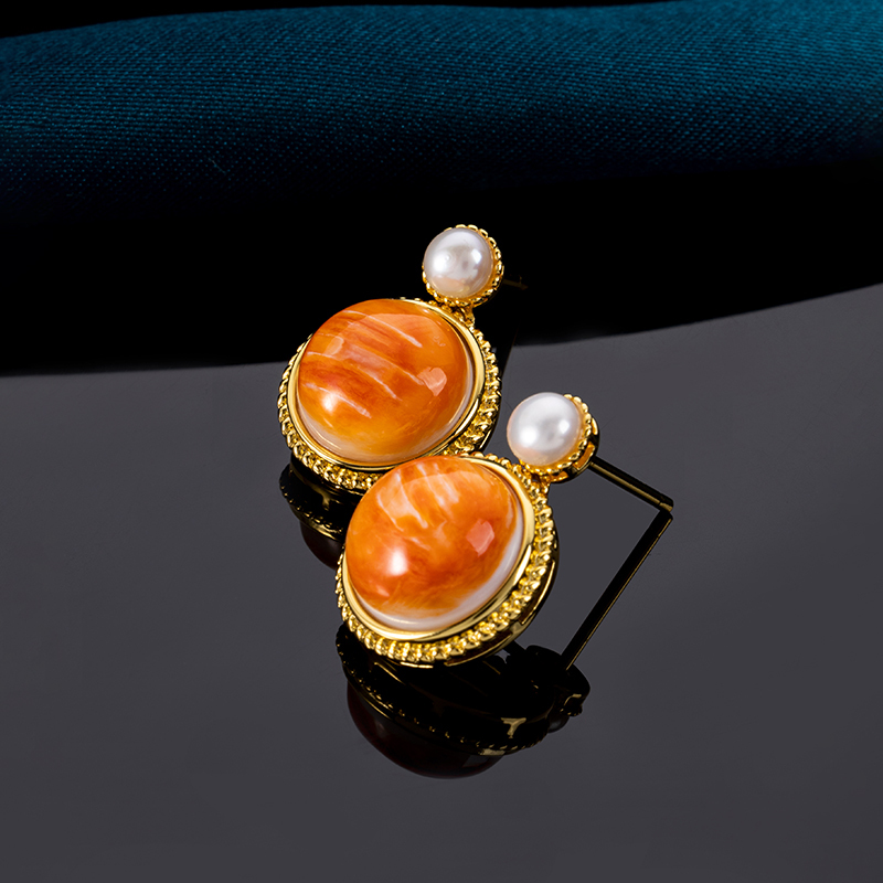 2025 Bestselling Natural Spiny Oyster Shell Round Studs - Glamorous Inlaid Earrings for Sweet Style, Hypoallergenic Wholesale Jewelry with Bulk Order Discounts