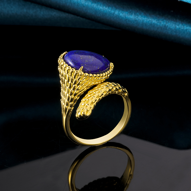 Lapis Lazuli Serpent Ring – Thick 18K Gold Plated Bold Statement Jewelry, Instagram-Worthy Index Finger Ring